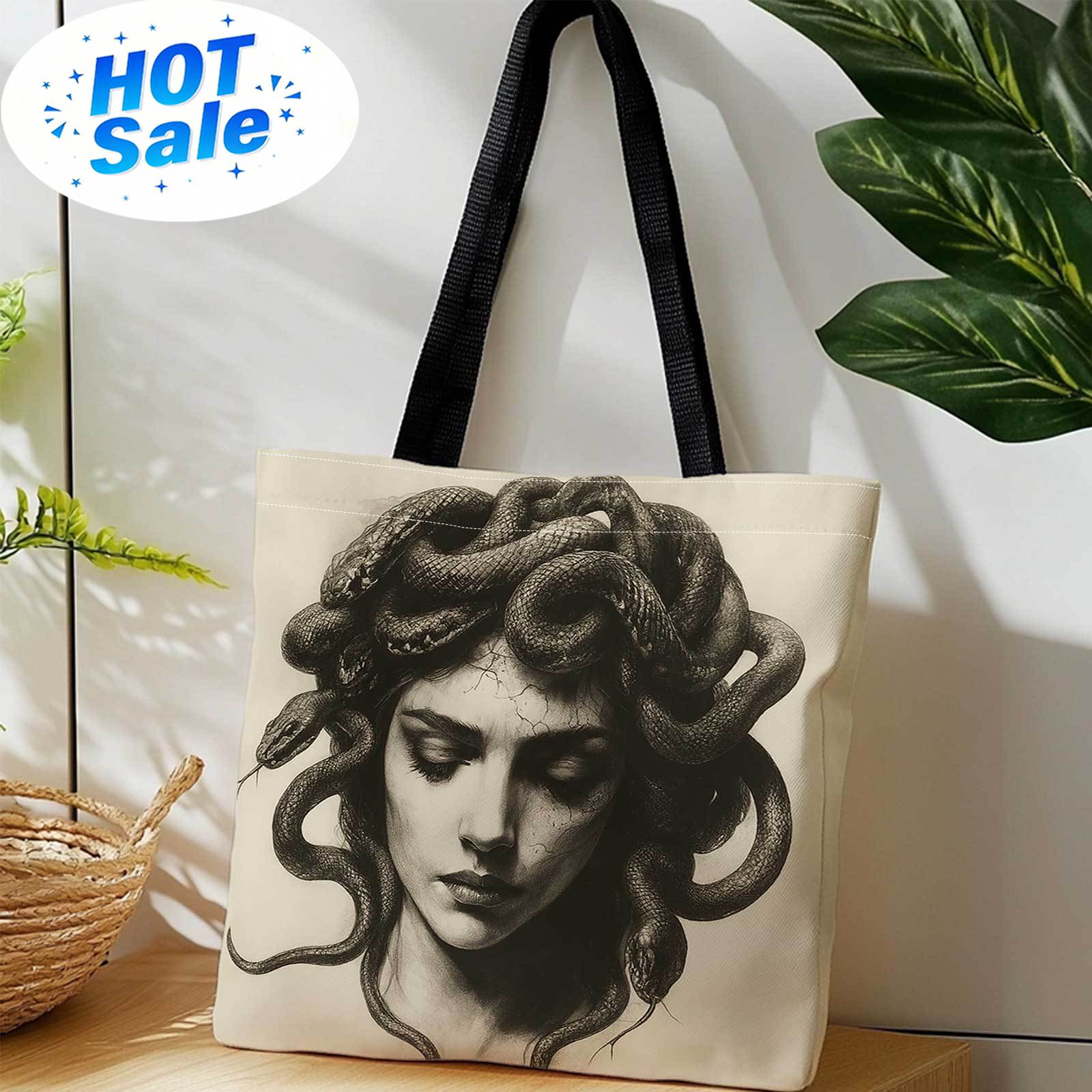 Reusable Bag - กระเป๋าช้อปปิ้งพิมพ์ลายสองด้าน+เมดูซ่า, งู, ขาวดำ, ภาพประกอบ+น้ำหนักเบา, พับเก็บได้, กระเป๋าสะพายไหล่แบบใช้ซ้ำได้