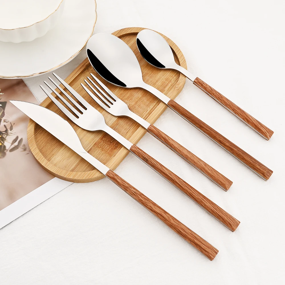 Bamboo Cutlery - 16/24/30 ชิ้นสแตนเลสสตีลเลียนแบบไม้ Handle ชุดช้อนส้อมอาหารเย็น Clamp Western