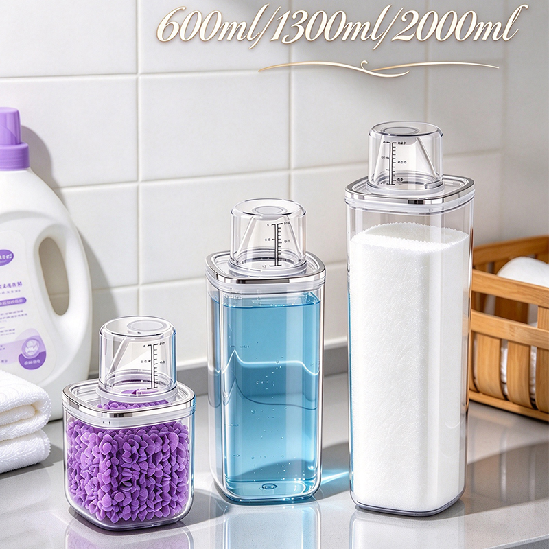Reusable Bottle - ภาชนะสำหรับเก็บผงซักฟอก พร้อมถ้วยตวง ปิดผนึกแน่น ใช้ซ้ำได้ เหมาะสำหรับจัดเก็บผงซักฟอก น้ำยาซักผ้า