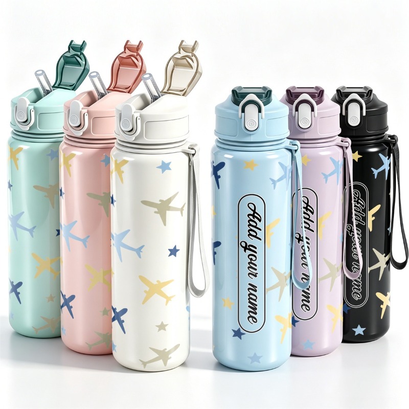 Reusable Straw - แก้วน้ำแบบใช้ซ้ำได้ ลายเครื่องบิน ป้องกันการรั่วซึม ขนาด 25 ออนซ์