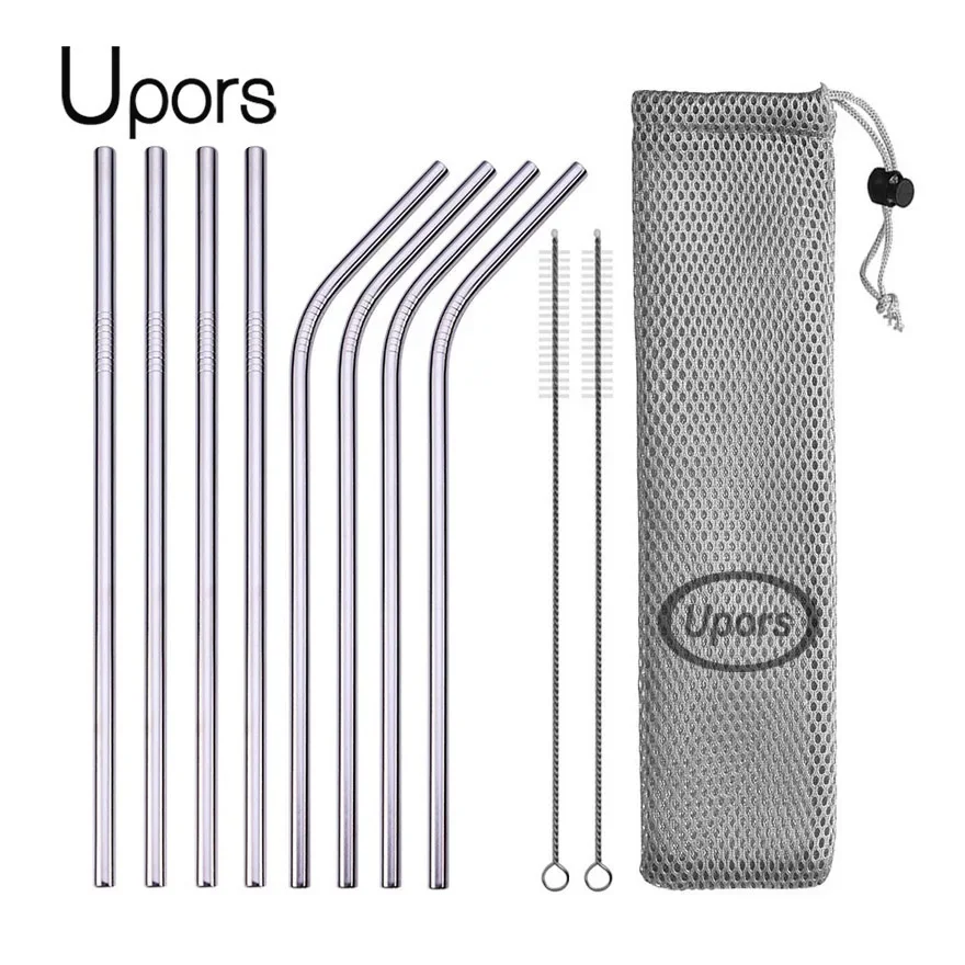 Reusable Straw - UPORS หลอดดูดดื่มแบบใช้ซ้ําได้ 304 หลอดสแตนเลสตรง Bent หลอดโลหะพร้อมแปรงทําความสะอาดกระเป๋าขายส่ง