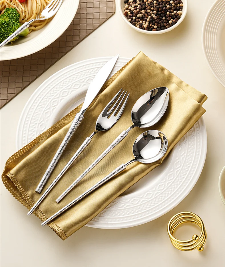 Bamboo Cutlery - ชุดช้อนส้อมสเตนเลสสตีล 18/10 สีเงินเงางาม สำหรับมื้อค่ำ มีดและส้อม 304